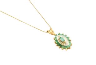 A 9 Carat Gold Emerald and Diamond Cluster Pendant on Chain, the marquise cut emerald within a