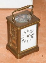 A French Brass Strike and Repeat Carriage Clock, circa 1900, twin barrel movement with platform