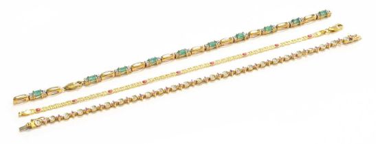 A 9 Carat Gold Diamond and Pink Sapphire Bracelet, length 18.5cm; A Diamond and Emerald Bracelet,