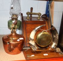 A Victorian Coal Skuttle, a horn mounted dinner gong, copper kettle and oil lamp