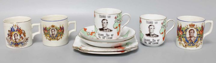 Two Colclough Edward VIII Cups, saucers and side plates and three Edward VIII mugs