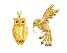 A 9 Carat Gold Owl Pendant, with sapphire eyes, length 3.3cm; and A 9 Carat Gold Bird Brooch, with
