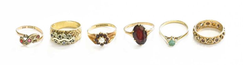 Six Rings, comprising of a 9 carat gold garnet and cultured pearl cluster ring, finger size J; a