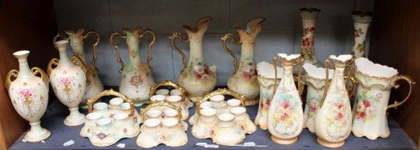 Crown Devon Blush Ivory; three pairs of twin gilt handled vases, a pair of similar jugs, four egg