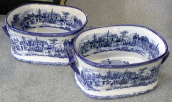 A Pair of Blue and White Reproduction Footbaths, 46cm handle to handle