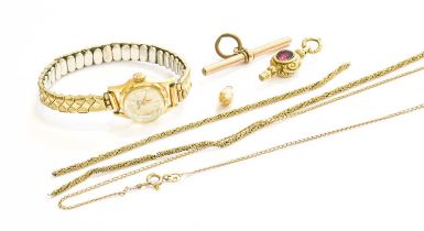 A Quantity of Jewellery, including two broken chains, stamped '375' and '9K'; a stone set watch key;