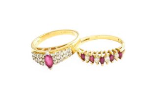 An 18 Carat Gold Ruby and Diamond Half Hoop Ring, five marquise cut rubies alternate with four