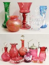 A Collection of Victorian and Later Cranberry and Colured Glass, including: a table lustre, sweat