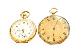 Two 9ct Gold Cased Fob Watches Gross weight: 68.5 grams Case diameters - 40mm and 33mm Both