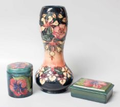 A Moorcroft Gourd Shaped Vase, moorcroft pin box and cover, and a moorcroft cylindrical box and