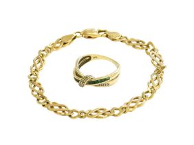 A 9 Carat Gold Fancy Link Bracelet, length 17cm; and A Diamond and Emerald Crossover Ring,