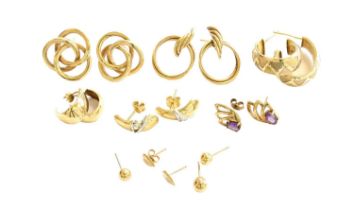 Eight Pairs of Earrings; and An Odd Earring, of varying designs, all with post fittings Hallmarked 9