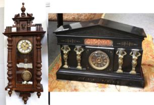 A Victorian Black Slate Striking Mantel Clock, 39.5cm by 58cm, together with a Vienna type