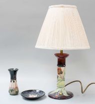 Moorcroft Pottery Table Lamp, in the Tiger Lilly pattern with a modern Moorcroft Cluny pattern