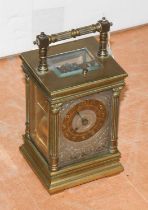 A French Brass Strike and Repeat Carriage Clock, circa 1900, twin barrel movement with platform