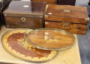 A 19th Century Brass and Mother of Pearl Inlaid Rosewood Writing Slope, together with a walnut