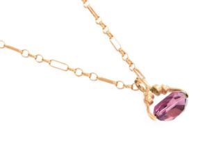 A 9 Carat Gold Purple Stone Swivel Fob on Chain, fob length 2.7cm, chain length 51.3cm Chain