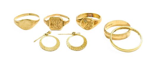 A Quantity of Jewellery, comprising of a band ring, stamped '585', finger size S1/2; a 9 carat
