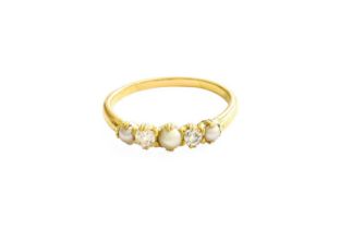 A Split Pearl and Diamond Five Stone Ring, three graduated split pearls spaced by old cut diamonds