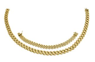 A 9 Carat Gold Brick Link Necklace and Bracelet, length 42.3cm and 18.5cm Gross weight 45.4 grams.