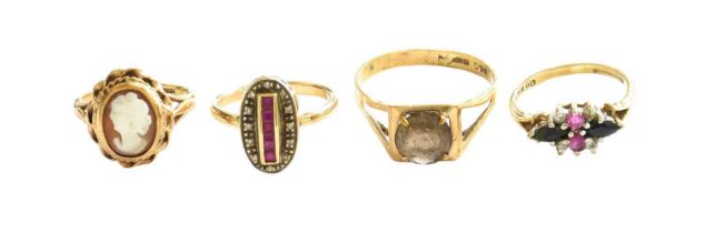 Three 9 Carat Gold Rings, comprising of a cameo example, a smoky quartz example, and a sapphire,