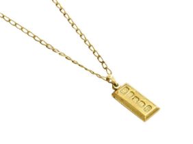 A 9 Carat Gold Ingot on Chain, pendant length 3.5cm, chain length 61cm Chain also hallmarked 9 carat