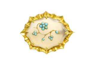 An Agate and Turquoise Brooch, the agate plaque overlaid with turquoise in a floral motif