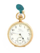 A 9 Carat Gold Open Faced Pocket Watch, signed Waltham, case with a Birmingham gold hallmark for