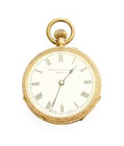 A Lady's 14 carat gold fob watch, case stamped 14k Gross weight: 30.4 grams Dust cover is gilt metal