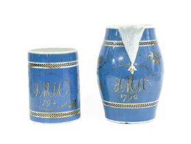 A Pearlware Blue Ground Jug and Matching Mug, 21 cm and 15.5 cm respectively. Jug - heavily