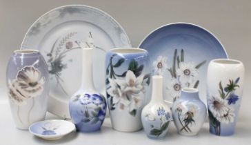 Quantity of Royal Copenhagen Vases and Plates, decorated with flowers, together with a Bing &