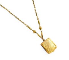 A 9 Carat Gold Locket on Chain, the shield shaped locket with etched decoration, on a fancy link