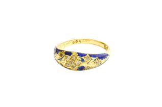 An 18 Carat Gold Enamel and Diamond Ring, the central floral cluster of old cut diamonds , with
