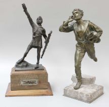 Dominique Alonzo (1910-1930) Bronze sculpture on textured stone base, the Newspaper Boy, signed 35cm