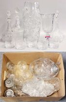 A Victorian Etched Celery Vase, Cut Glass Vase, Decanters, and various other glasswares (one tray