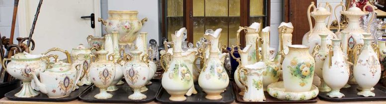 Crown Devon Blush Ivory; including twin handled vases, ewers, all with gilt handles, tea wares,