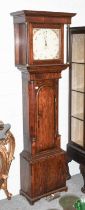 An Oak and Mahogany Thirty Hour Painted Dial Longcase Clock, circa 1800, 12" square painted dial,