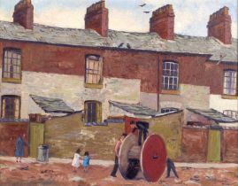 Follower of Alan Lowndes (1921-1978) "Ancoats, Manchester" Inscribed verso, oil on board, 18cm by