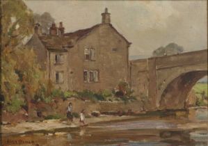 Owen Bowen ROI, PRCamA (1873-1967) Figures by the river at Bolton Bridge Signed, oil on canvas, 25cm