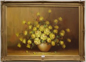 British School (20th Century) Still life of yellow roses in a vase Indistinctly signed, oil on