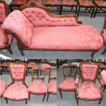 A Seven Piece Salon Suite, composed of a buttoned chaise longue, 190cm, matching ladies and gents