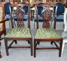 A Pair of George III Mahogany Dining Chairs, with drop in green silk seats, each monogrammed MM Both