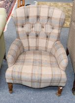 A Reproduction Buttoned Backed Arm Chair, in checked fabric, on turned legs with brass castors