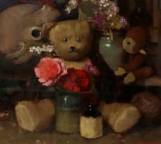 Bohuslav Barlow (b.1947) Czechoslovakian Still life with teddy bear, flowers and jug Signed and