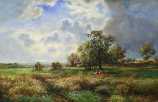 G Bassano (20th Century) Hay making in a summer landscape Signed, oil on canvas, 60cm by 90cm