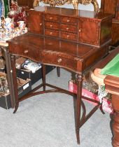 A Reproduction Crossbanded Mahogany Ebony Strung Lady's Writing Table, the superstructure fitted