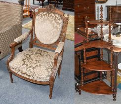 A Louis XVI style Walnut Fauteuil (Arm chair), together with a Victoiran walnut corner whatnot (2)