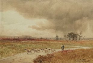 Charles Pigott (1863-1940) Shepherd herding sheep along a moorland path Signed, watercolour, 24cm by