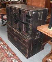 A 19th Century Distressed Large Japanese Campaign Chest, 97cm by 45cm by 105cm Top split with