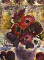 Pamela Jocelynne Precious (20th Century) Still life of flowers in a purple jug Oil on board, 21cm by